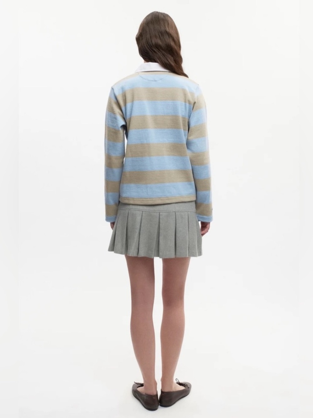 KOTN Shrunken Rugby Shirt - Taupe/Powder Cropped Striped Cotton Longsleeve - Picture 4 of 6